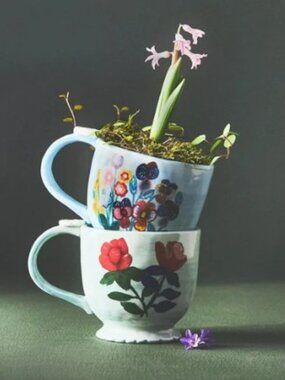 Anthropologie Francesca Kaye Floral Mug – Set of 2 one Mint & one Blue Motif